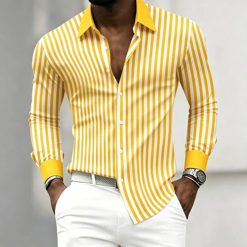 メンズ長袖襟付きシャツ、黒と白の縦縞、コントラストカラーと袖 - Fashion Mens Shirt のレビューと価格